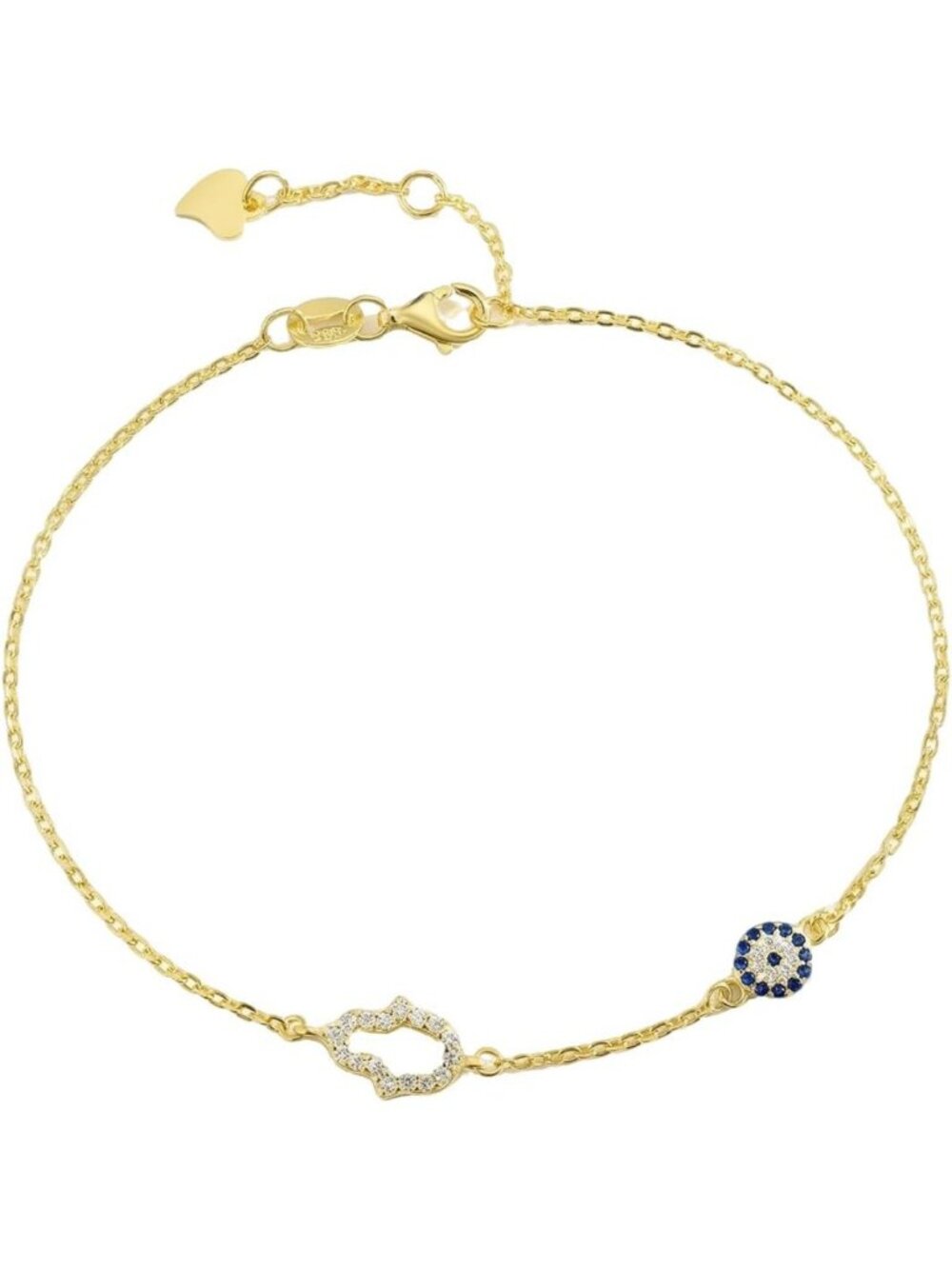 14K Gold Evil Eye Hamsa Hand Bracelet with Moissanite & Blue Eye Charm for Women